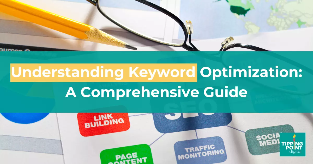 Graphic showing SEO elements like link building and traffic monitoring representing a guide to keyword optimization in digital marketing