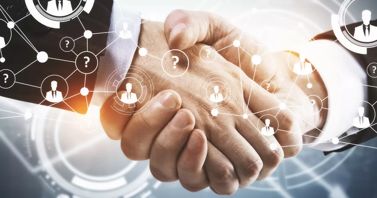Business professionals shaking hands with digital network icons representing partnerships and growth through social media service