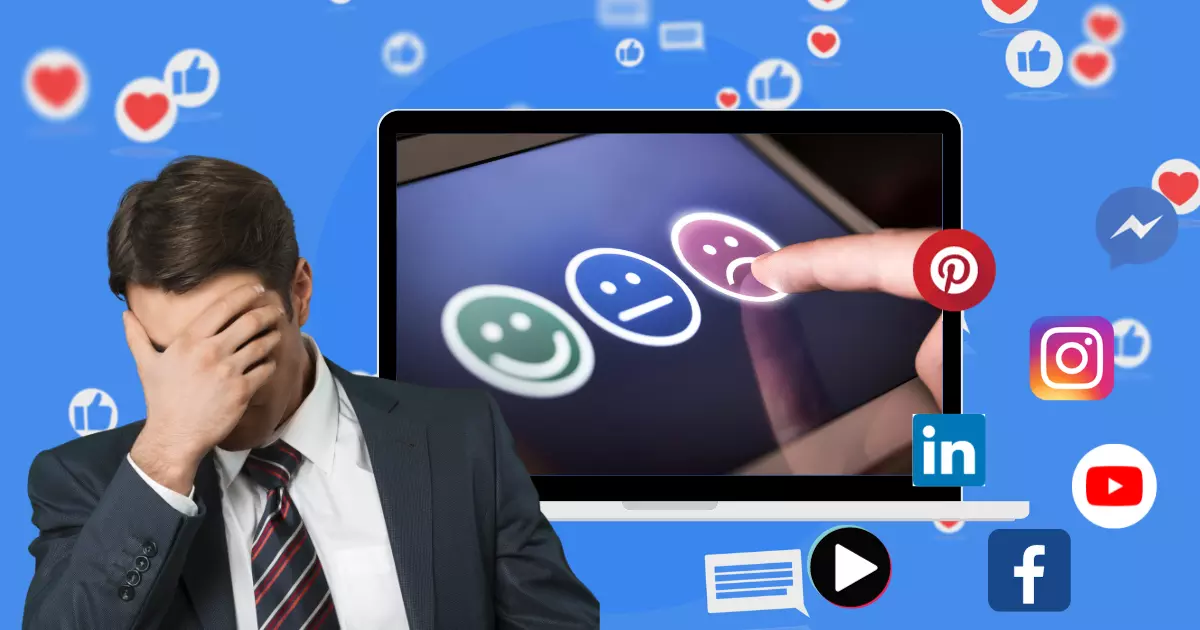 Frustrated business professional reacting to poor engagement on a laptop screen showing social media feedback icons and analytics, highlighting the need for social media service