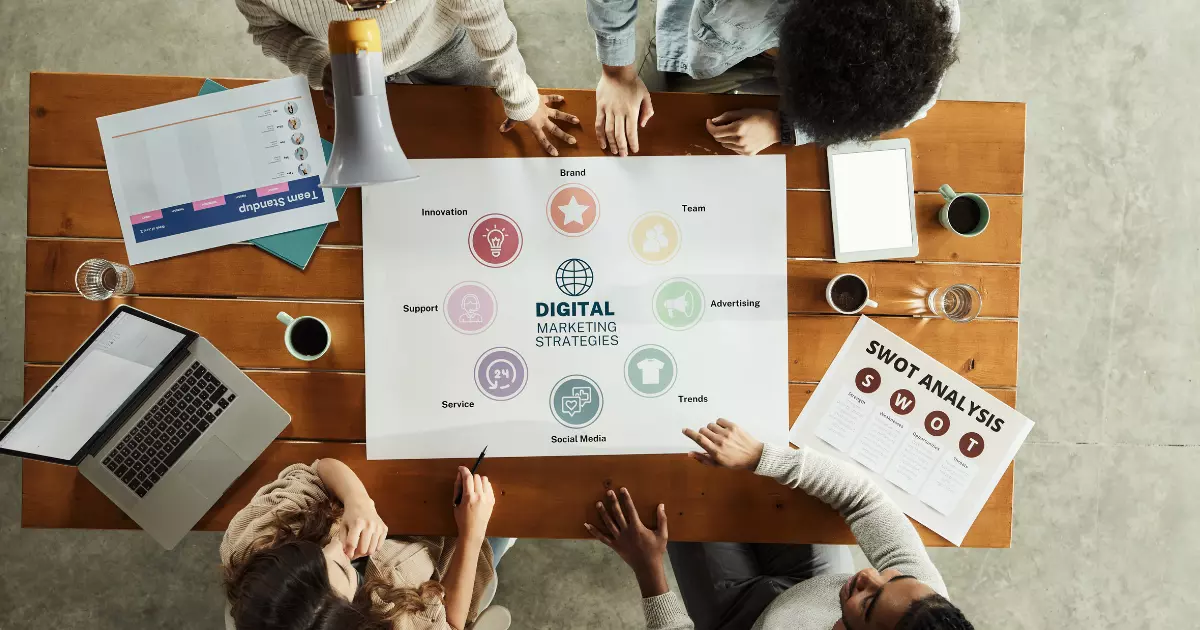 A group of people sitting around a table planning of digital marketing strategies