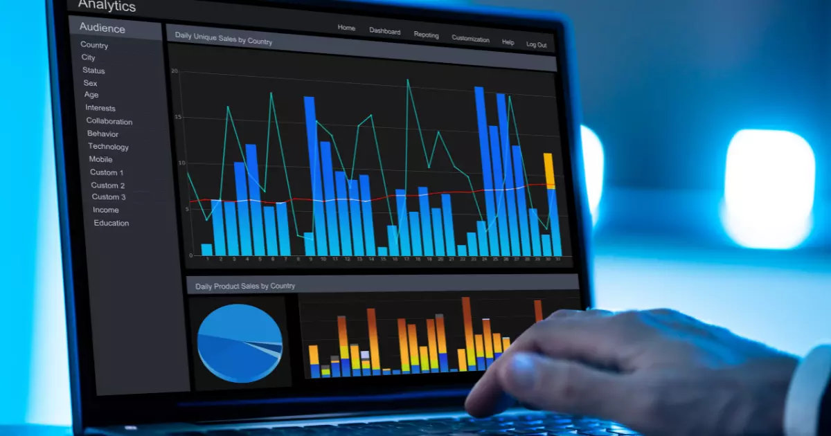 A close up of a laptop screen displaying analytics charts and graphs highlighting Facebook impressions and audience insights in a dark themed interface