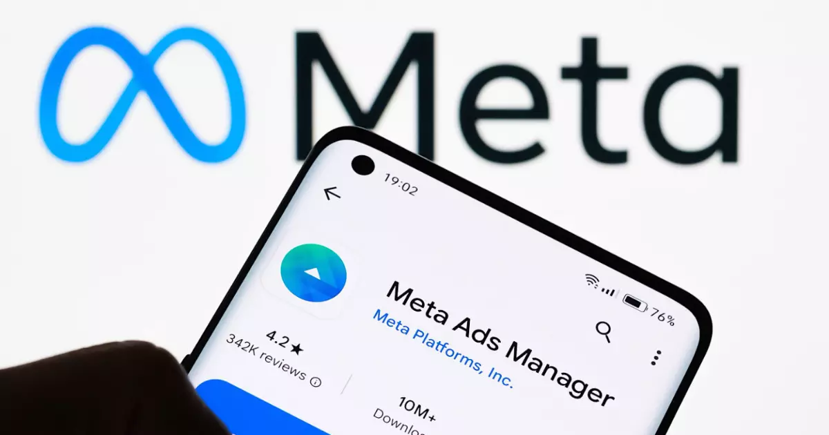 A smartphone screen displaying the Meta Ads Manager app with a high rating and millions of downloads against a Meta logo in the background