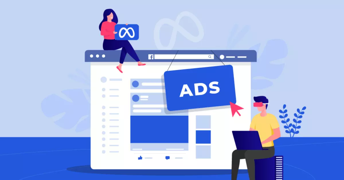 An illustration of a social media interface with a person sitting on top of the screen holding a Meta logo and another person using a laptop with a large ADS sign