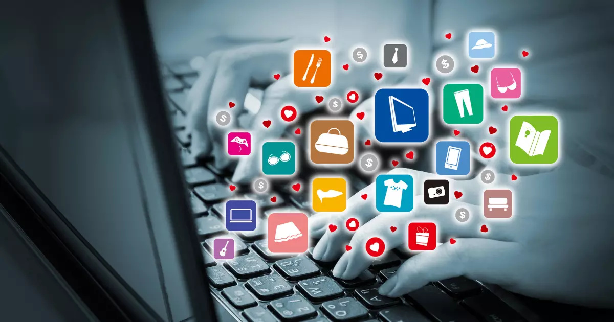 Shopping icons over keyboard for online marketplace use